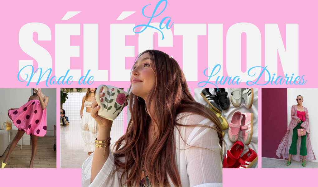 Sélection mode de Luna Diaries présentant un moodboard rose avec des pois, de la dentelle et des baskets tendances.