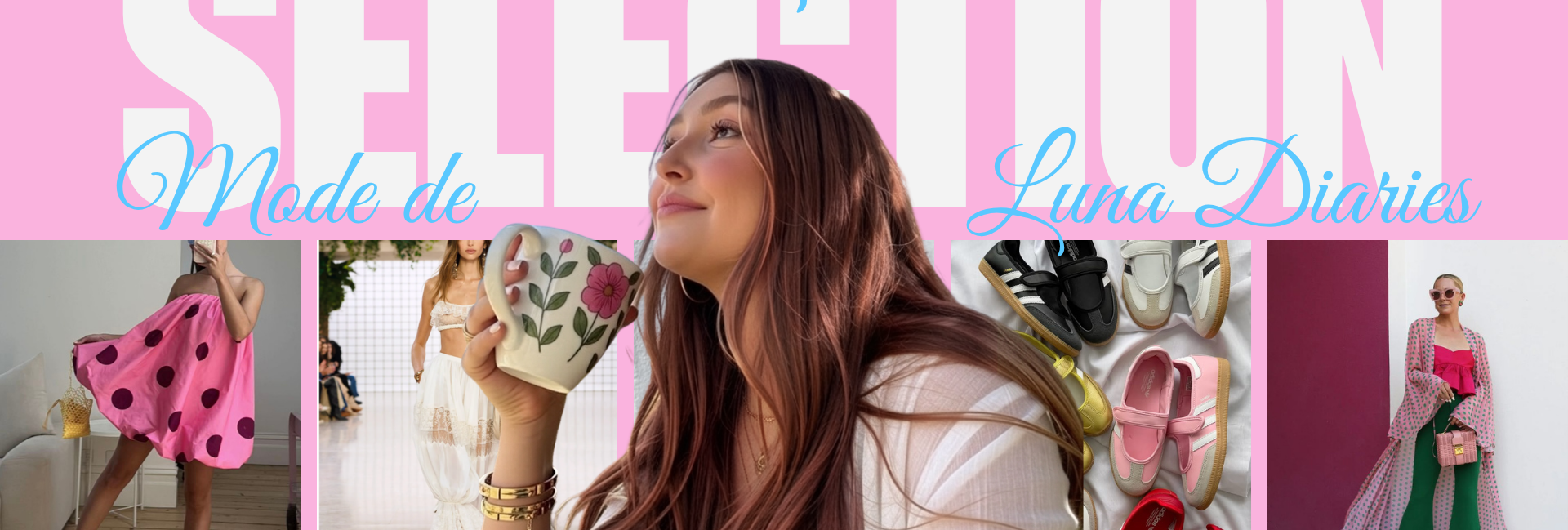 Sélection mode de Luna Diaries présentant un moodboard rose avec des pois, de la dentelle et des baskets tendances.